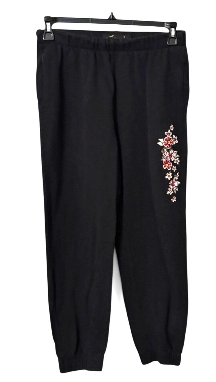 Hollister Black Floral Embroidered Joggers Women’s Small Y2K Sweatpants